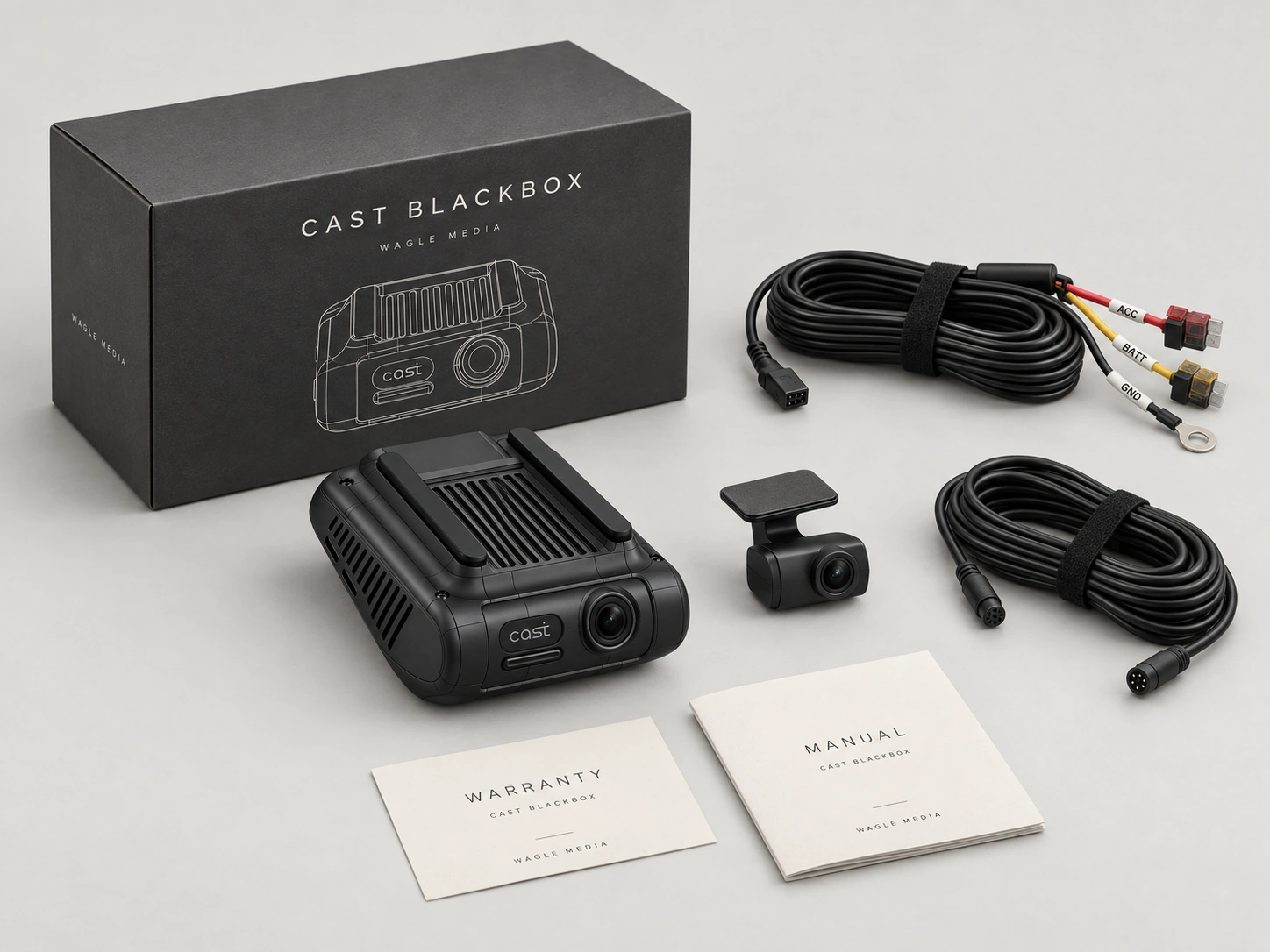 CAST BLACKBOX 디자인 패키지와 본체, 상시전원 케이블, 후방카메라, 연결 케이블, 보증서, 매뉴얼