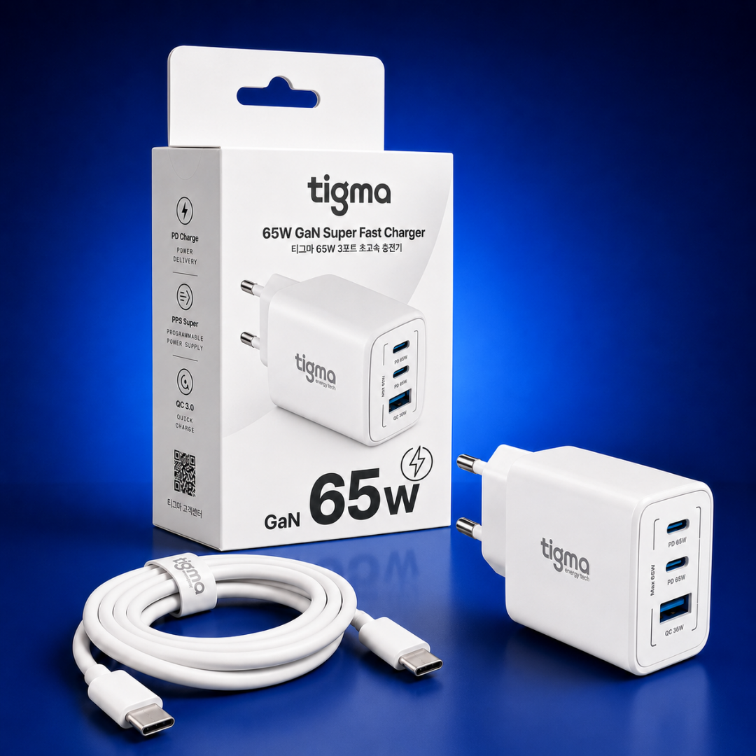 TIGMA 65W 충전기, C to C 케이블과 제품 포장